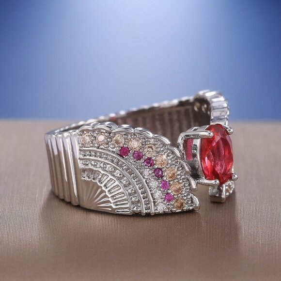 💞 Ethnic Oval Red Ruby Zircon Wings Vintage Silver Ring for Women, PD596 - Picture 4 of 6